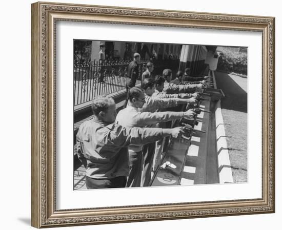 Revolvers Being Used by Police Class During Target Practice at Los Angeles City College-Peter Stackpole-Framed Photographic Print