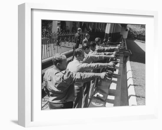 Revolvers Being Used by Police Class During Target Practice at Los Angeles City College-Peter Stackpole-Framed Photographic Print