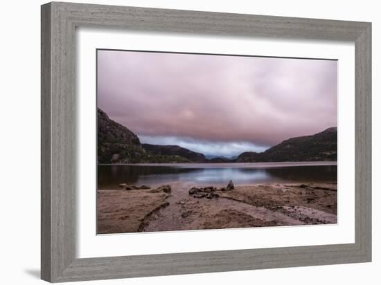 Revsvatnet Lake & Pink Setting Sun & Moody Cloudy Pink Sky, Preikestolen Mountain Lodge, Norway-Karine Aigner-Framed Photographic Print