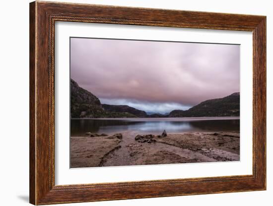 Revsvatnet Lake & Pink Setting Sun & Moody Cloudy Pink Sky, Preikestolen Mountain Lodge, Norway-Karine Aigner-Framed Photographic Print