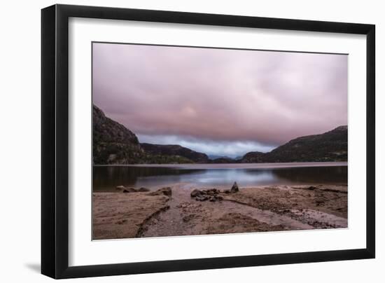 Revsvatnet Lake & Pink Setting Sun & Moody Cloudy Pink Sky, Preikestolen Mountain Lodge, Norway-Karine Aigner-Framed Photographic Print