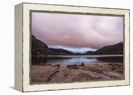 Revsvatnet Lake & Pink Setting Sun & Moody Cloudy Pink Sky, Preikestolen Mountain Lodge, Norway-Karine Aigner-Framed Premier Image Canvas