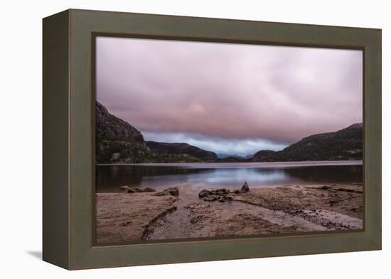 Revsvatnet Lake & Pink Setting Sun & Moody Cloudy Pink Sky, Preikestolen Mountain Lodge, Norway-Karine Aigner-Framed Premier Image Canvas