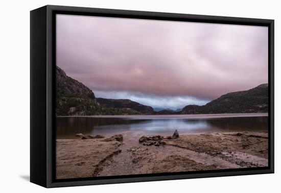 Revsvatnet Lake & Pink Setting Sun & Moody Cloudy Pink Sky, Preikestolen Mountain Lodge, Norway-Karine Aigner-Framed Premier Image Canvas