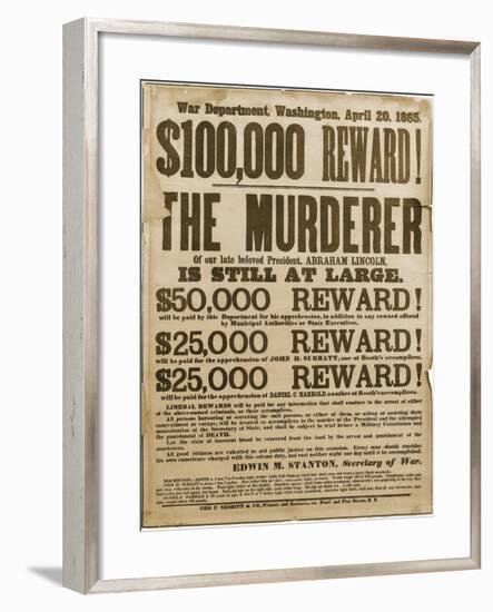 Reward Poster of Lincoln Assassins-null-Framed Art Print