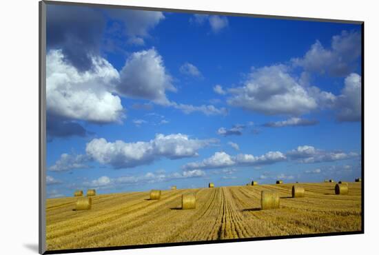 RF - Straw stubble and bales after harvest, Northrepps Village, Norfolk, England, UK, August-Ernie Janes-Mounted Photographic Print