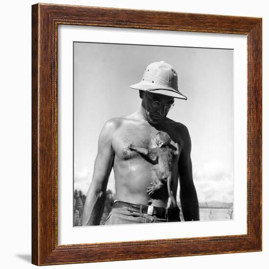 Rhesus Monkey Climbing on a Man's Chest at a Monkey Colony-Hansel Mieth-Framed Premium Photographic Print