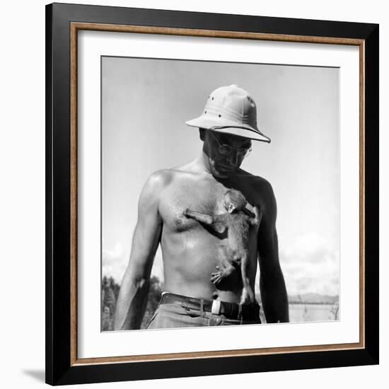 Rhesus Monkey Climbing on a Man's Chest at a Monkey Colony-Hansel Mieth-Framed Premium Photographic Print