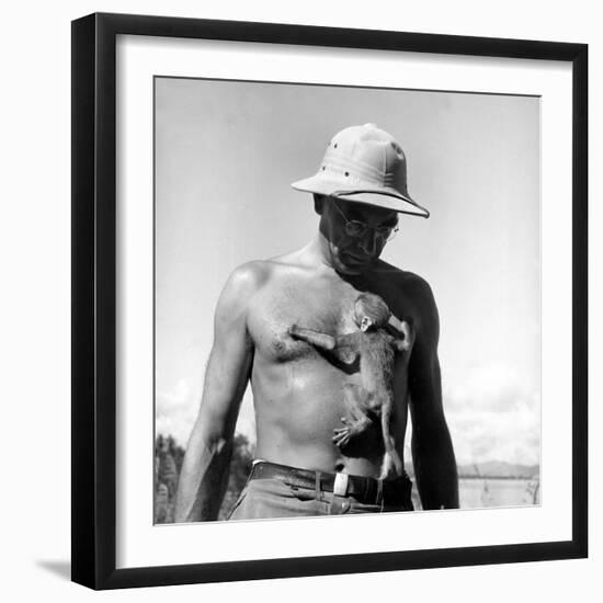 Rhesus Monkey Climbing on a Man's Chest at a Monkey Colony-Hansel Mieth-Framed Premium Photographic Print