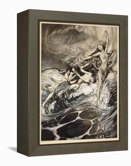 Rhinemaidens obtain possession of ring, illustration from 'Siegfried and the Twilight of Gods'-Arthur Rackham-Framed Premier Image Canvas