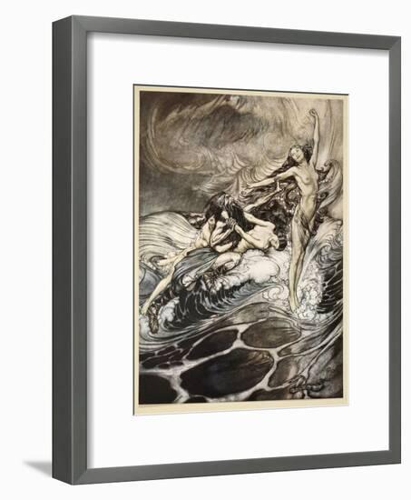 Rhinemaidens obtain possession of ring, illustration from 'Siegfried and the Twilight of Gods'-Arthur Rackham-Framed Giclee Print