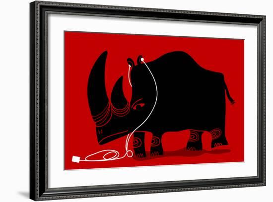 Rhino with a White Portable Music Device and Headphones-Complot-Framed Art Print