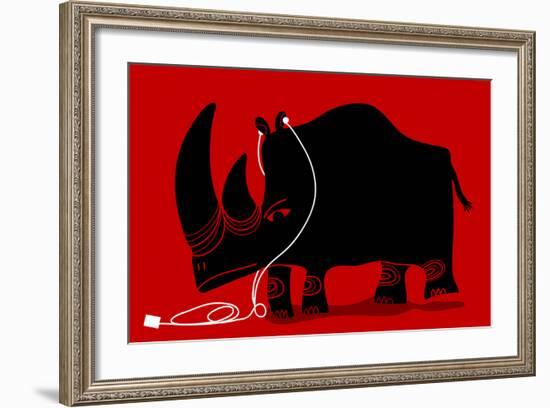 Rhino with a White Portable Music Device and Headphones-Complot-Framed Art Print