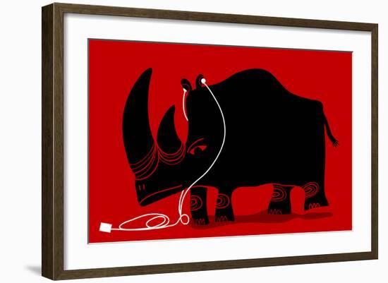 Rhino with a White Portable Music Device and Headphones-Complot-Framed Art Print