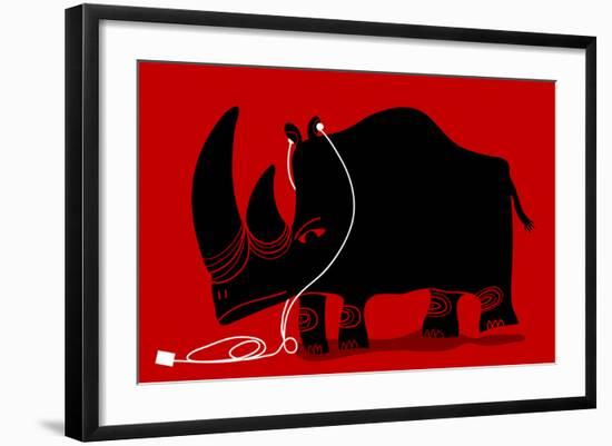 Rhino with a White Portable Music Device and Headphones-Complot-Framed Art Print