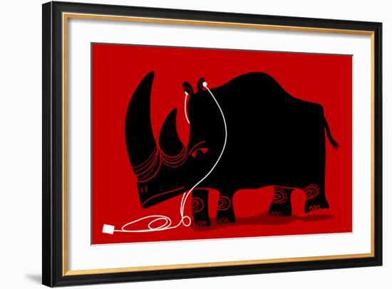 Rhino with a White Portable Music Device and Headphones-Complot-Framed Art Print