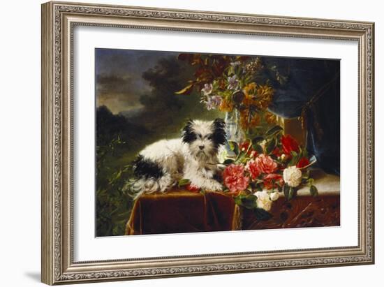 Rhododendrons in a Porcelain Vase with Roses and a Dog on a Draped Table in a Landscape-Adriana-johanna Haanen-Framed Giclee Print