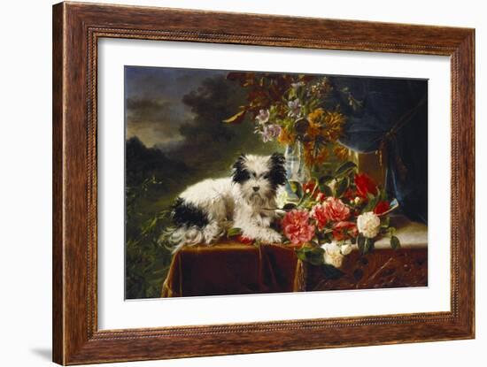 Rhododendrons in a Porcelain Vase with Roses and a Dog on a Draped Table in a Landscape-Adriana-johanna Haanen-Framed Giclee Print