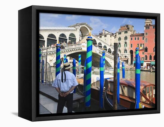 Rialto Bridge and Gondolier, Grand Canal, Venice, UNESCO World Heritage Site, Veneto, Italy, Europe-Amanda Hall-Framed Premier Image Canvas