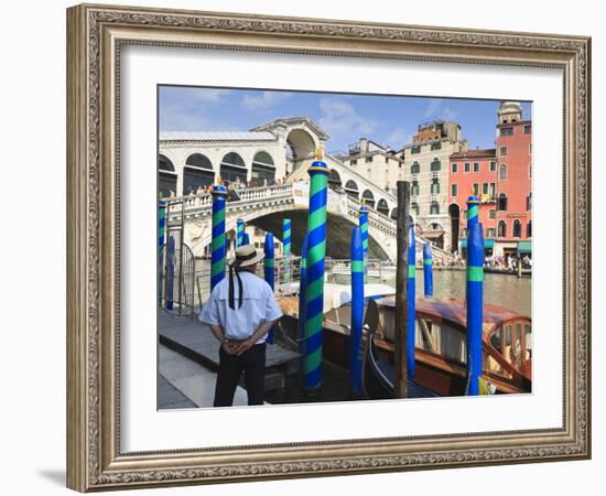 Rialto Bridge and Gondolier, Grand Canal, Venice, UNESCO World Heritage Site, Veneto, Italy, Europe-Amanda Hall-Framed Photographic Print