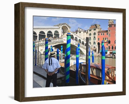 Rialto Bridge and Gondolier, Grand Canal, Venice, UNESCO World Heritage Site, Veneto, Italy, Europe-Amanda Hall-Framed Photographic Print