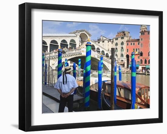 Rialto Bridge and Gondolier, Grand Canal, Venice, UNESCO World Heritage Site, Veneto, Italy, Europe-Amanda Hall-Framed Photographic Print