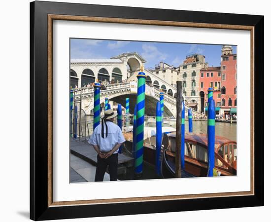 Rialto Bridge and Gondolier, Grand Canal, Venice, UNESCO World Heritage Site, Veneto, Italy, Europe-Amanda Hall-Framed Photographic Print