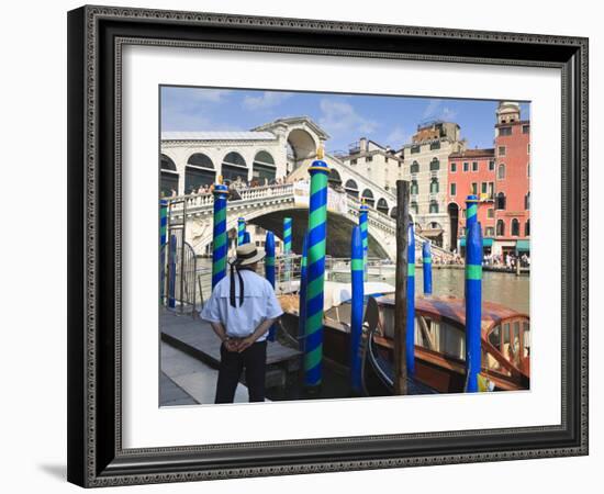 Rialto Bridge and Gondolier, Grand Canal, Venice, UNESCO World Heritage Site, Veneto, Italy, Europe-Amanda Hall-Framed Photographic Print