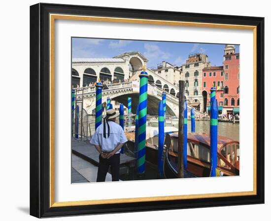 Rialto Bridge and Gondolier, Grand Canal, Venice, UNESCO World Heritage Site, Veneto, Italy, Europe-Amanda Hall-Framed Photographic Print