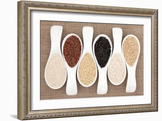 Rice Grain Selection In White Porcelain Scoops Over Hessian Background-marilyna-Framed Art Print