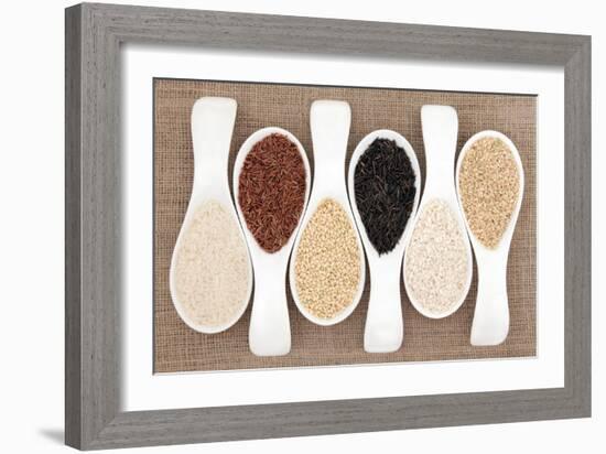 Rice Grain Selection In White Porcelain Scoops Over Hessian Background-marilyna-Framed Art Print