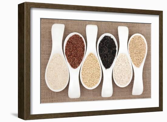 Rice Grain Selection In White Porcelain Scoops Over Hessian Background-marilyna-Framed Art Print