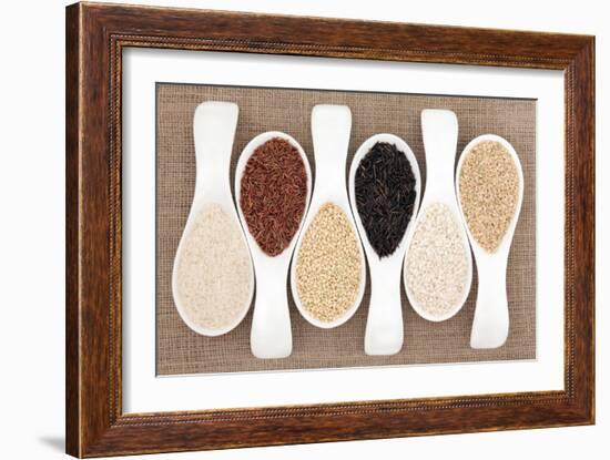 Rice Grain Selection In White Porcelain Scoops Over Hessian Background-marilyna-Framed Art Print