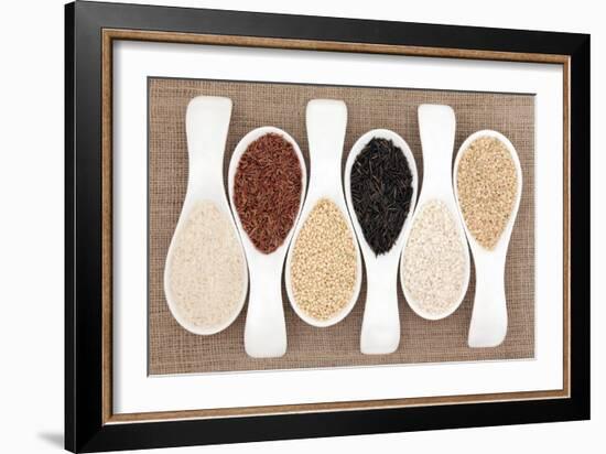 Rice Grain Selection In White Porcelain Scoops Over Hessian Background-marilyna-Framed Art Print