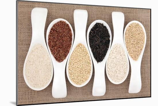 Rice Grain Selection In White Porcelain Scoops Over Hessian Background-marilyna-Mounted Art Print