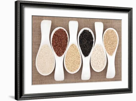 Rice Grain Selection In White Porcelain Scoops Over Hessian Background-marilyna-Framed Art Print