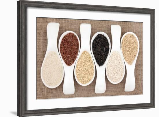 Rice Grain Selection In White Porcelain Scoops Over Hessian Background-marilyna-Framed Art Print