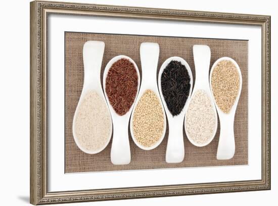 Rice Grain Selection In White Porcelain Scoops Over Hessian Background-marilyna-Framed Art Print