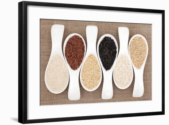 Rice Grain Selection In White Porcelain Scoops Over Hessian Background-marilyna-Framed Art Print