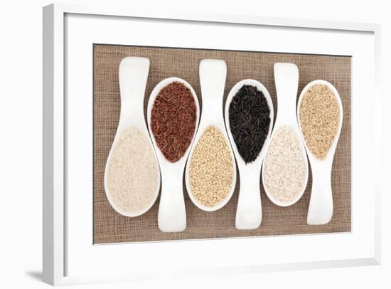 Rice Grain Selection In White Porcelain Scoops Over Hessian Background-marilyna-Framed Art Print