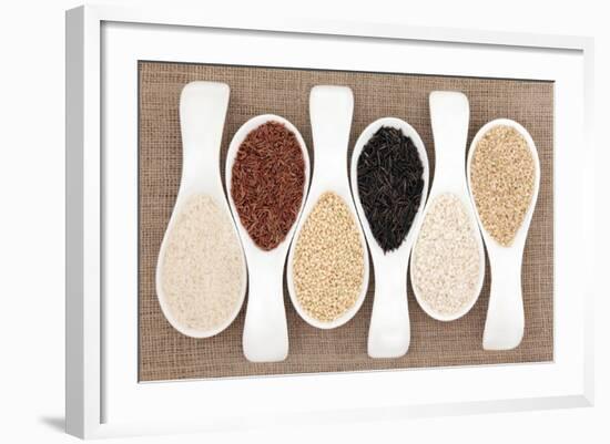 Rice Grain Selection In White Porcelain Scoops Over Hessian Background-marilyna-Framed Art Print