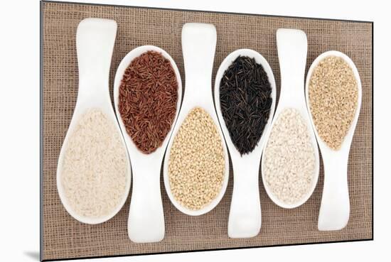 Rice Grain Selection In White Porcelain Scoops Over Hessian Background-marilyna-Mounted Art Print
