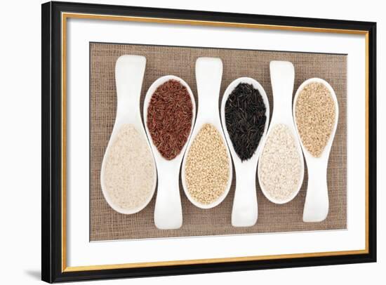 Rice Grain Selection In White Porcelain Scoops Over Hessian Background-marilyna-Framed Art Print