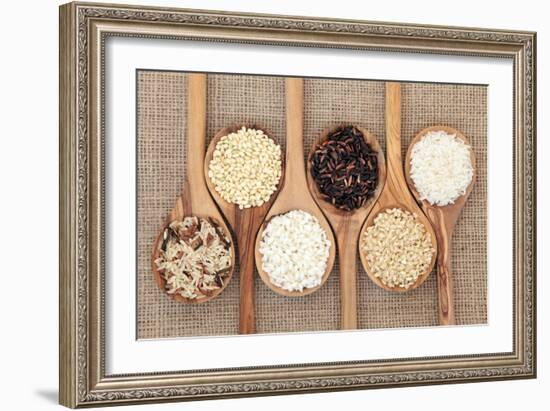 Rice Varieties In Olive Wood Spoons Over Hessian Background-marilyna-Framed Art Print