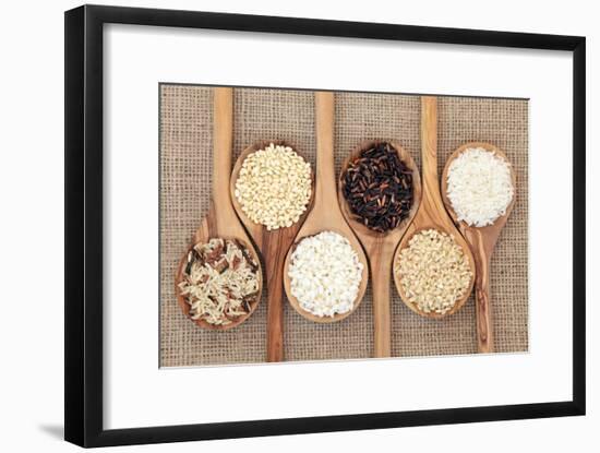 Rice Varieties In Olive Wood Spoons Over Hessian Background-marilyna-Framed Art Print