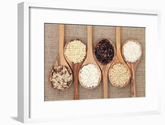 Rice Varieties In Olive Wood Spoons Over Hessian Background-marilyna-Framed Art Print