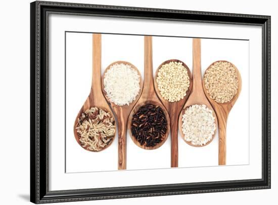 Rice Varieties In Olive Wood Spoons Over White Background-marilyna-Framed Art Print