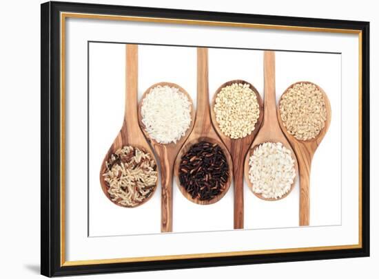 Rice Varieties In Olive Wood Spoons Over White Background-marilyna-Framed Art Print