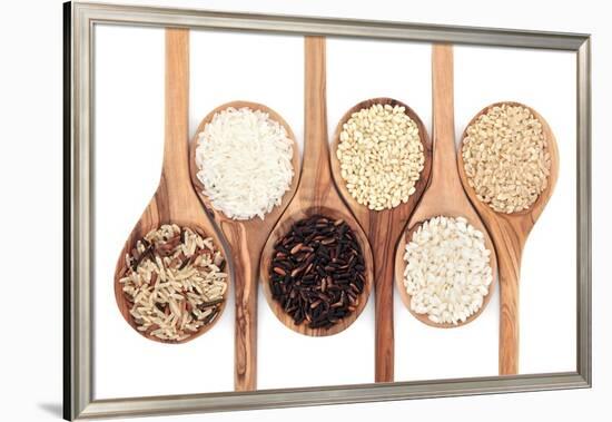 Rice Varieties In Olive Wood Spoons Over White Background-marilyna-Framed Premium Giclee Print