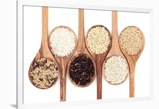 Rice Varieties In Olive Wood Spoons Over White Background-marilyna-Framed Premium Giclee Print